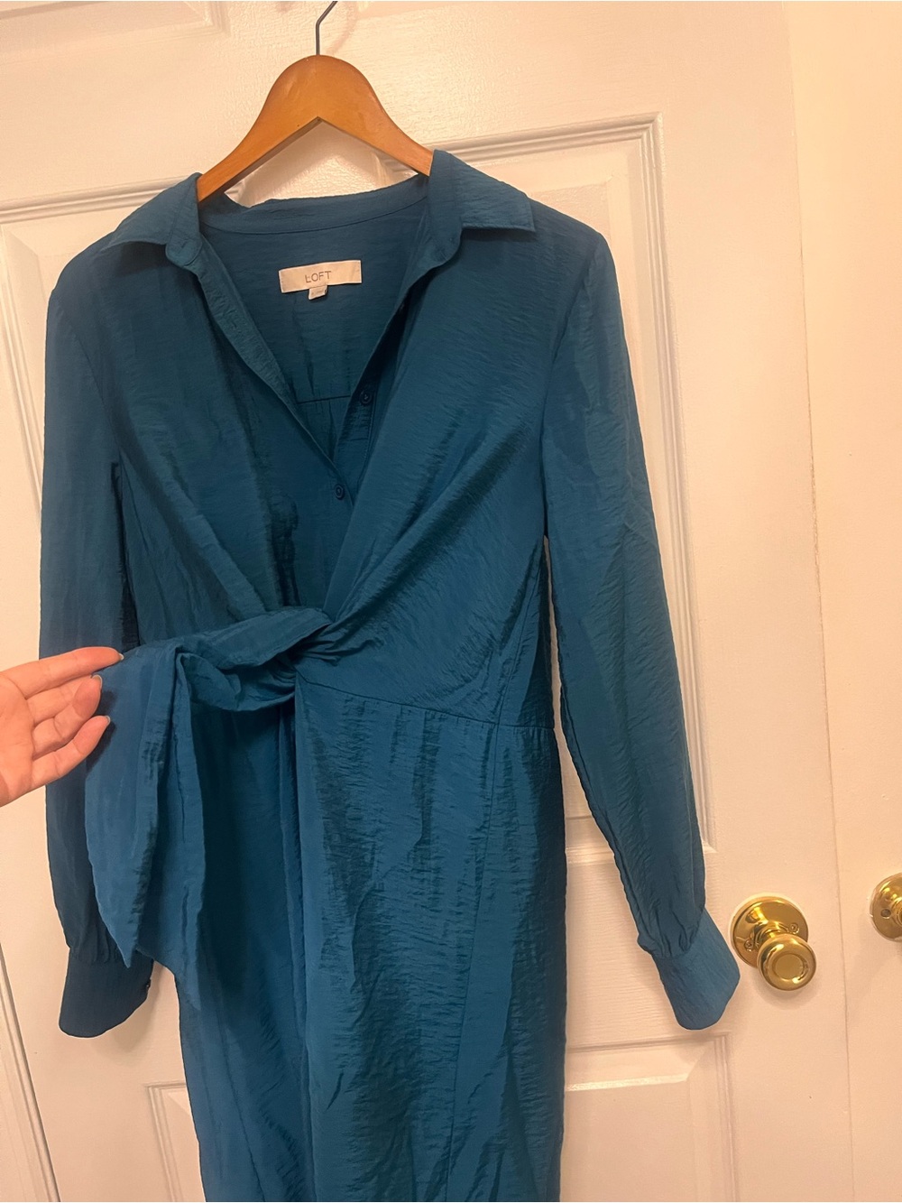 LOFT Teal Textured Tie-Front Long Sleeve Dress 6 - Picture 11 of 15
